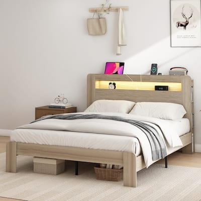 King Size Wood Platform Bed Frame with LED Light and 2 USB
