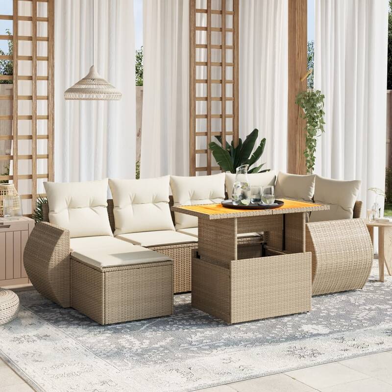 vidaXL Patio Sofa Set with Cushions Outdoor Conversation Furniture Poly Rattan - 21.7 x 24.4 x 27.2 - Beige and Cream-without storage