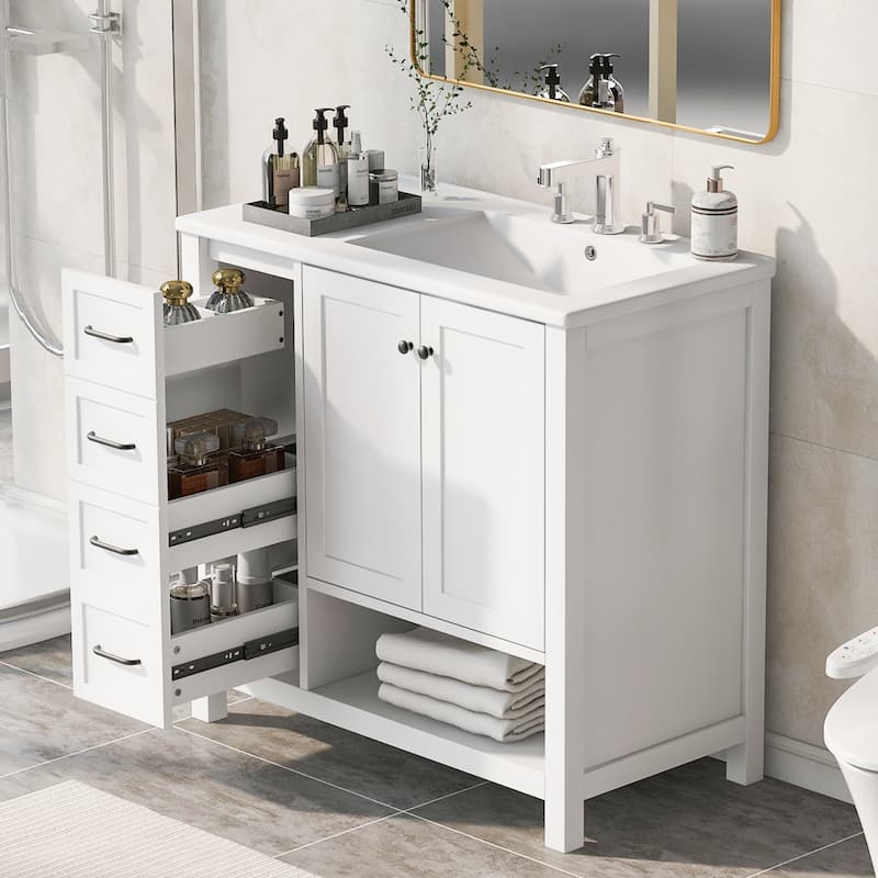 Merax Solid Wood Bathroom Vanity with Ceramic Sink Top & Open Shelf Storage