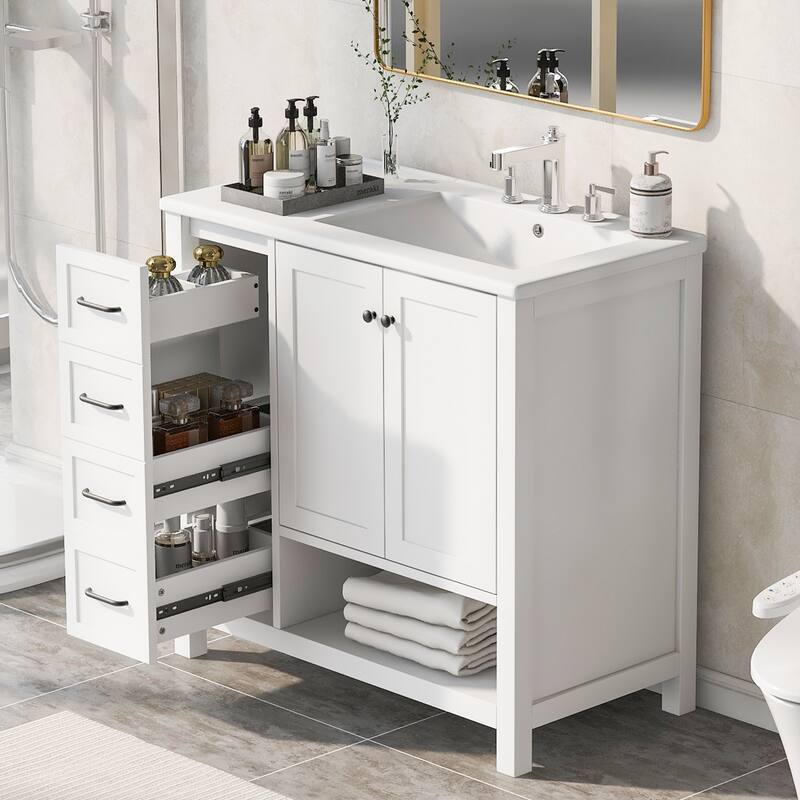 Roomfitters 36" Bathroom Vanity with Sink, Right-Side Basin, Solid Wood Frame, 2 Doors, 2 Drawers & Open Shelf