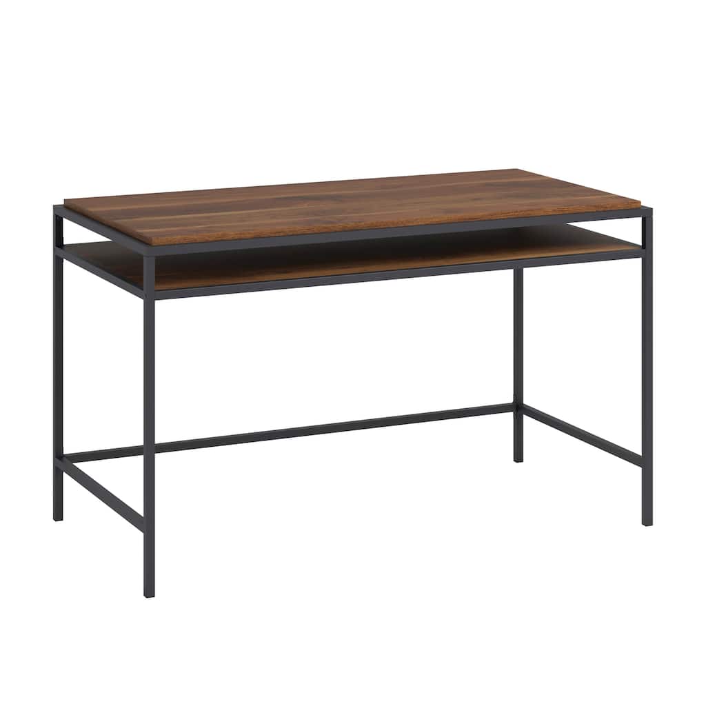 Brown Office Desk with Open Shelf 29 Inch Height Compact Workstation for Small Spaces