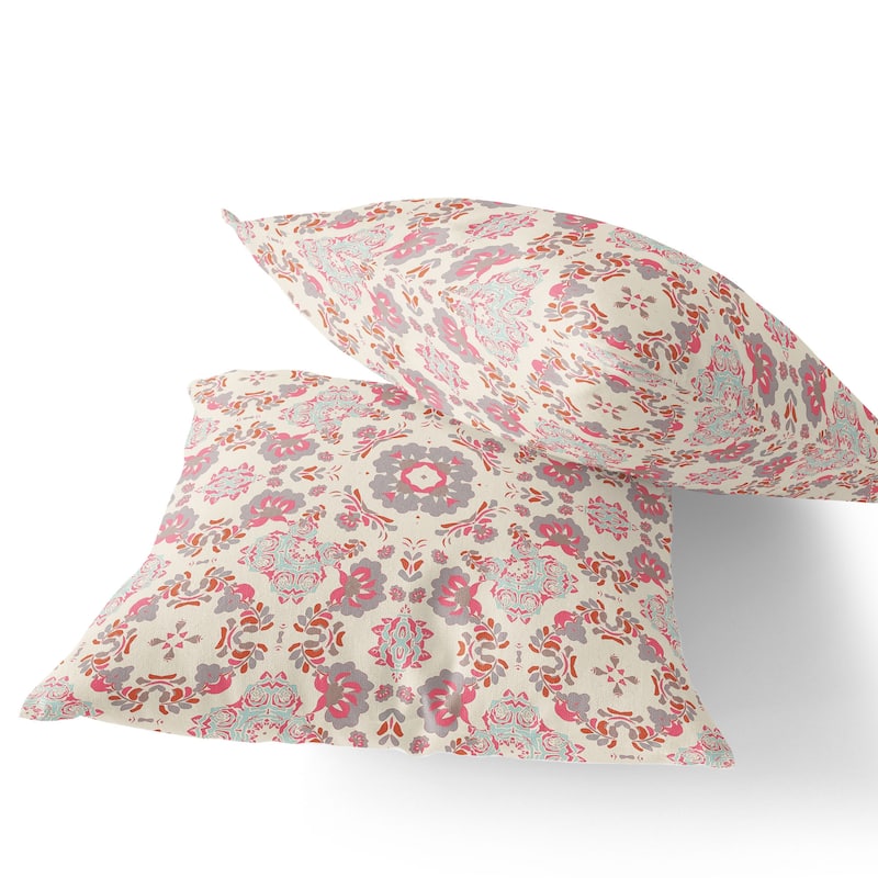 HomeRoots Set of Two 16" X 16" Pink and White Blown Seam Floral Indoor Outdoor Throw Pillow - 16.00' X '16.00' X '5.00