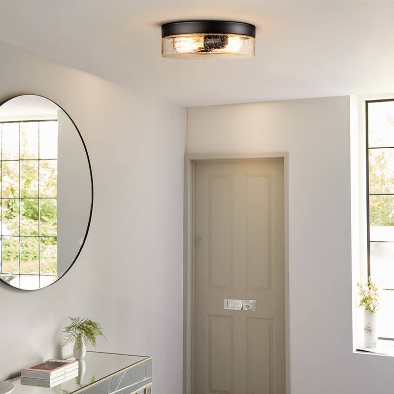 11.2" 2-Light Black Farmhouse Dome Flush Mount Ceiling Light with Seeded Glass Shade for Hallway,Kitchen, Entryway and Foyer