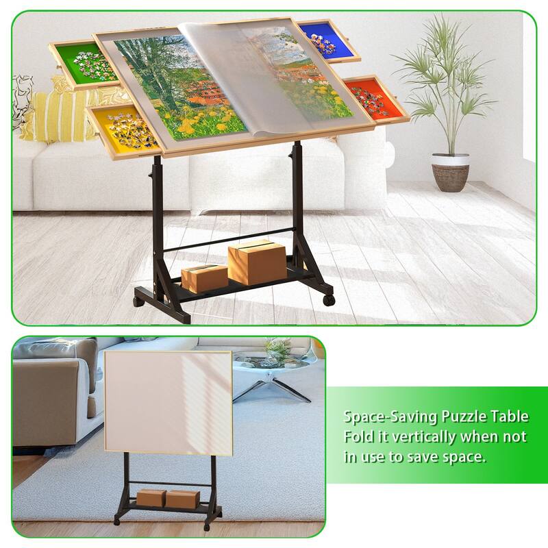 Wooden 1500 Piece Puzzle Table With Drawer,360°Tilting Puzzle Table With Legs And Wheels,Adjustable Height And Angle