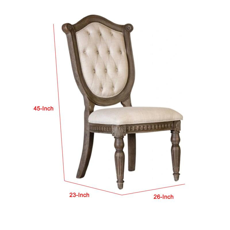 Hama Side Dining Chair Set of 2, Weathered Oak Wood, Tufted Beige Fabric