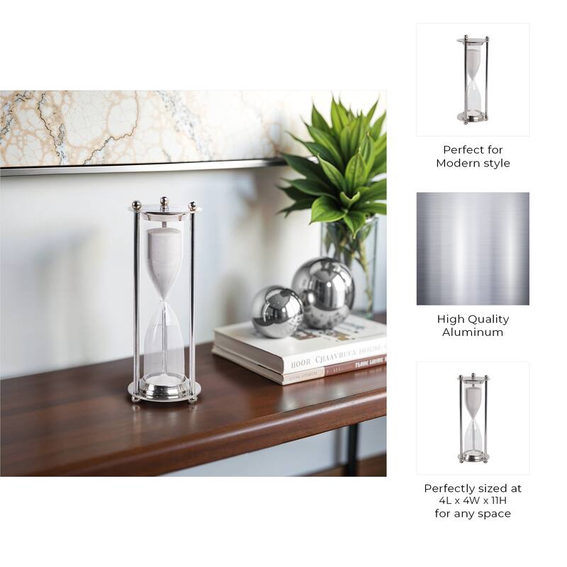 Metal Glass Decorarive Hourglass Object Metallic Finish - 11" Silver - 4" x 4" x 11"