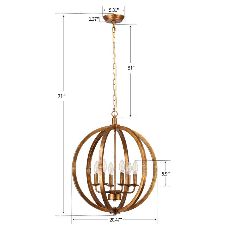 6-Light Spherical Chandelier in Weathered Antique Brass - Antique Brass