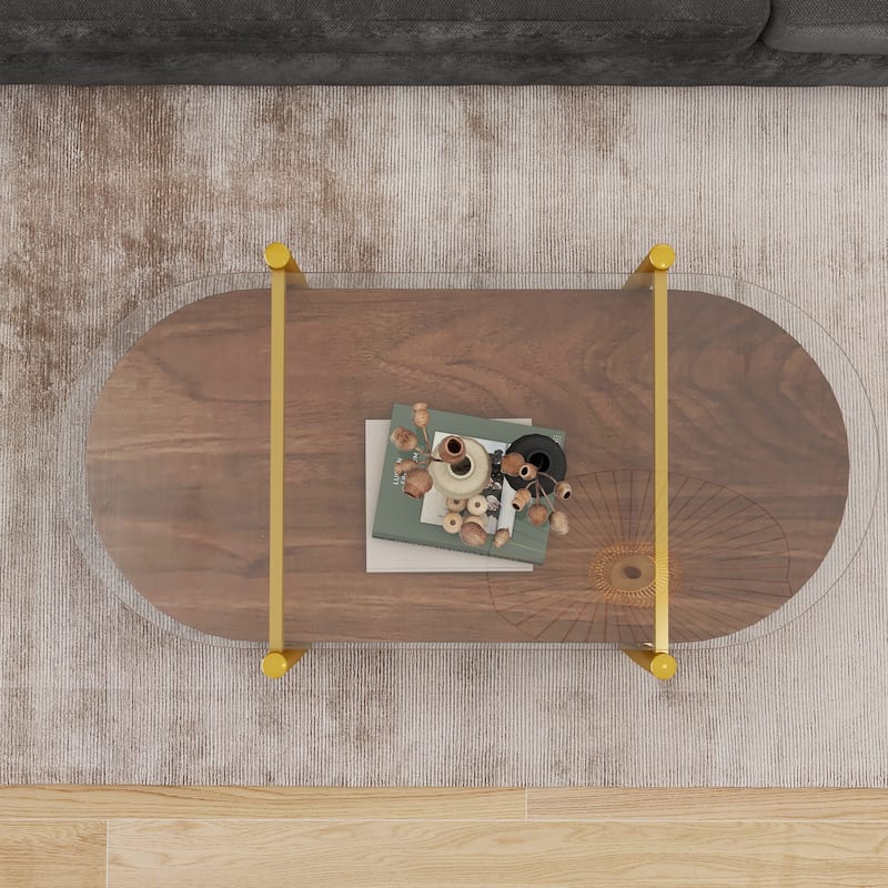 Modern Coffee Table with Clear Glass Top, Capsule Shape 2 Tier Center Table with Wood Shelf and Metal Legs for Living Room