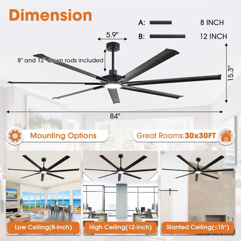 84"/ 100" Black Industrial Extra Large Commercial Ceiling Fan with Light