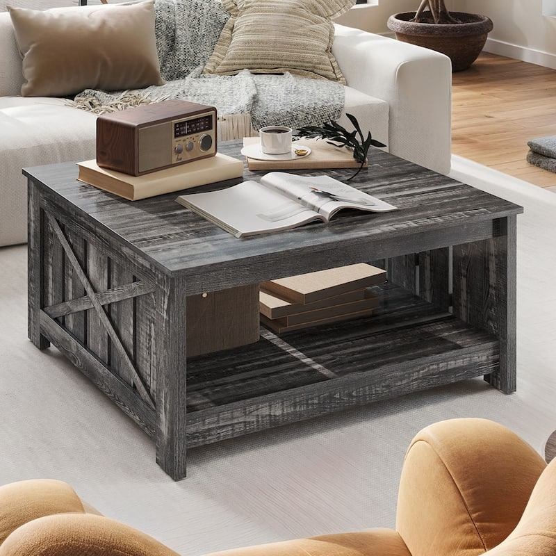 Modern Rustic Square Wood Coffee Table with Storage - Dark Oak