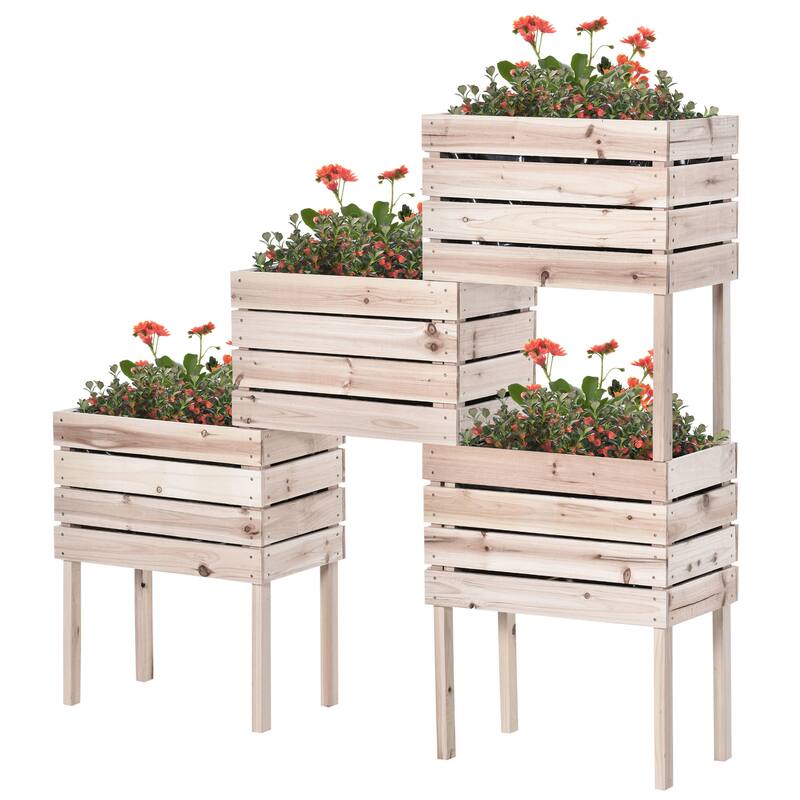 4-Piece Indoor/Outdoor Elevated Garden Planter Box with Drainage Bag - Natural Wood