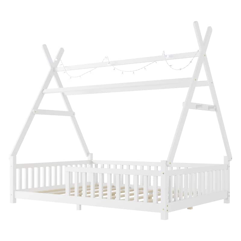 Full Low Floor House Bed with Fence and Roof for Kids Boys Girls - White