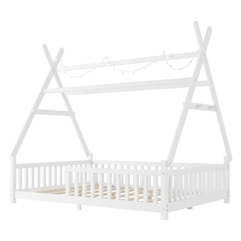 House Bed with Light, Low Toddler Floor Bed House-shaped Roof Frame with Fence and Roof for Kids Boys Girls