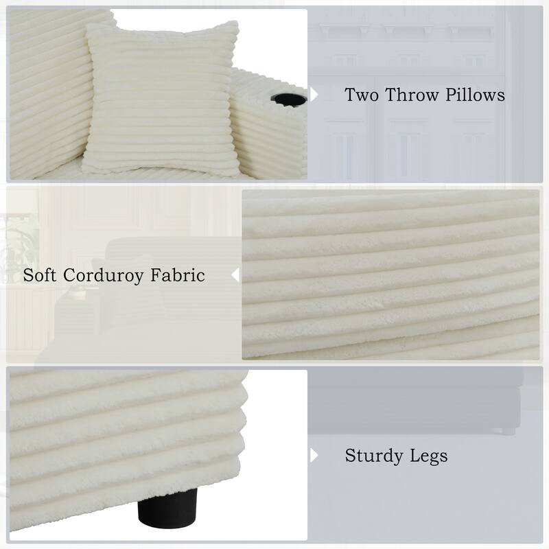 86.5" Corduroy Chaise Lounge Sofa with 2 USB Ports, Cup Holders, and 550lb Capacity