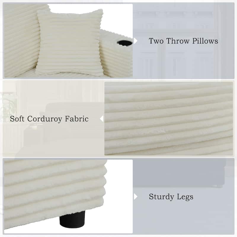 86.5" Oversized Corduroy Beige Sofa Bed with USB Ports, Cup Holders and Throw Pillows
