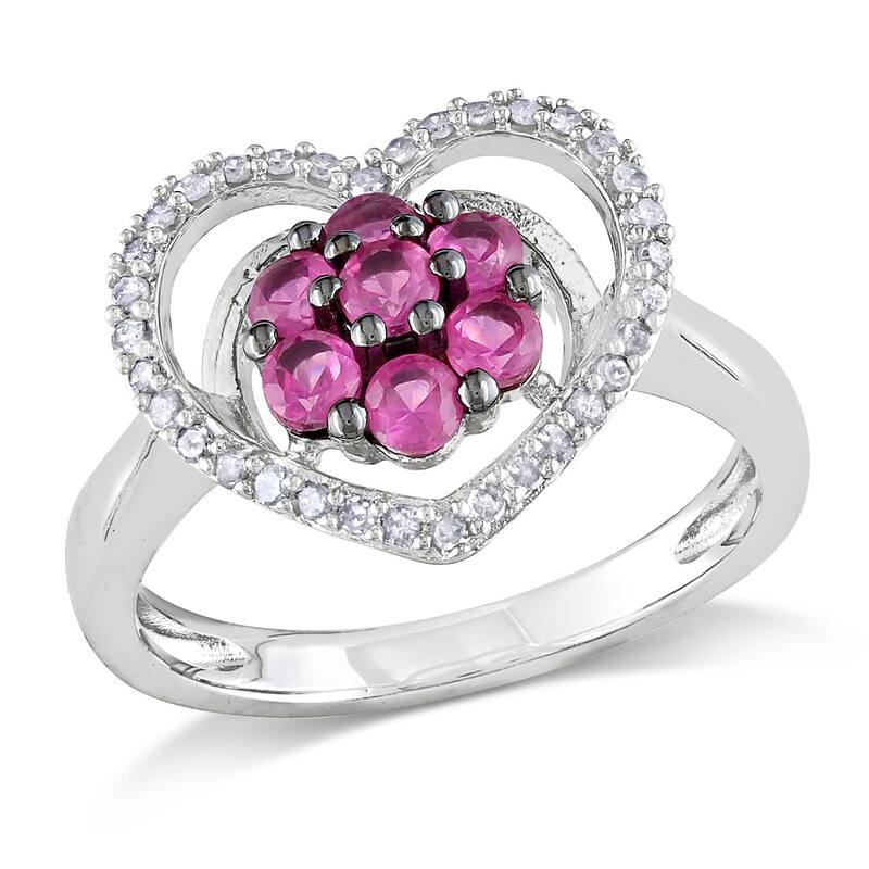 Miadora 1/6ct TW Diamond 5/8ct TGW Created Pink Sapphire Open Heart Floral Ring Sterling Silver
