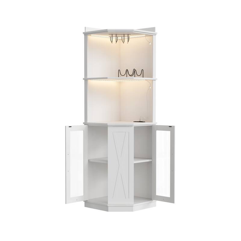 67.3" Corner Kitchen Bar Cabinet Farmhouse Wine Bar Cabinet with Power Outlet, LED Lights, Glass Rack & Adjustable Shelves