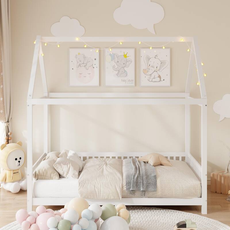 Kids Wooden Bed with Roof and Fence Style Frame, LED Lights and Full Guardrail Design