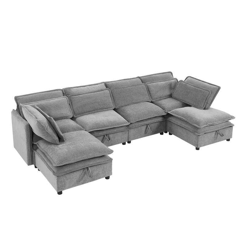 Modern Large U-Shaped Modular Sofa with Movable Storage Ottoman,. Upholstered Deep Seat Sofa with Double-Layer Cushion