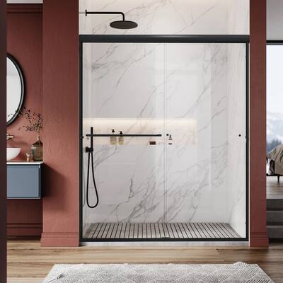60 in. W x 70 in. H Sliding Semi-Frameless Shower Door in Black with handle