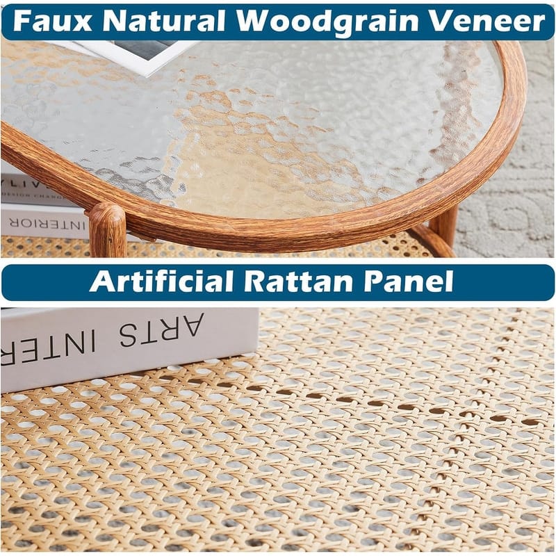 VINGLI Double-Layer Oval Ripple Glass and PE Rattan Tabletop Paired with Heat Transfer Wood Grain Iron Frame Coffee Table