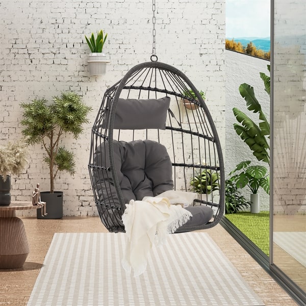 slide 2 of 23, Outdoor Garden Rattan Egg Swing Chair Hanging Chair Light Gray