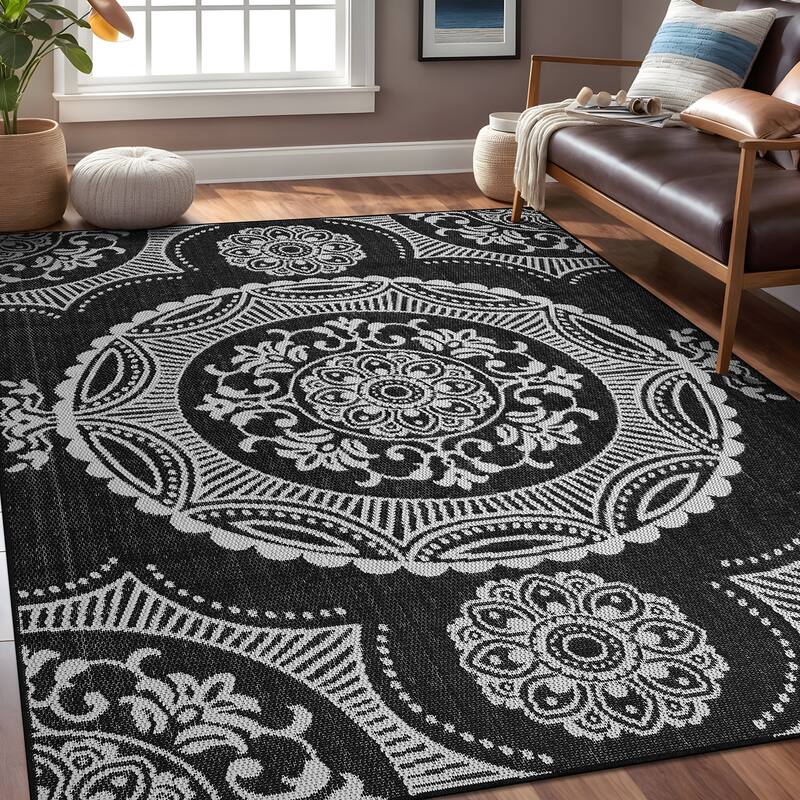 Beverly Rug Blue Medallion Indoor Outdoor Rug, Outside Carpet for Patio, Deck, Porch