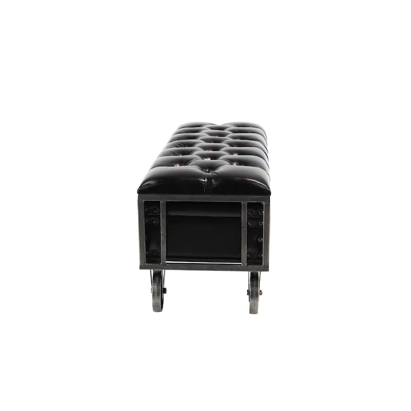 Faux Leather Tufted Upholstered 3 Trunk Room Storage Bench with Industrial Wheels and Gold Accents - Black - Roche River Decor