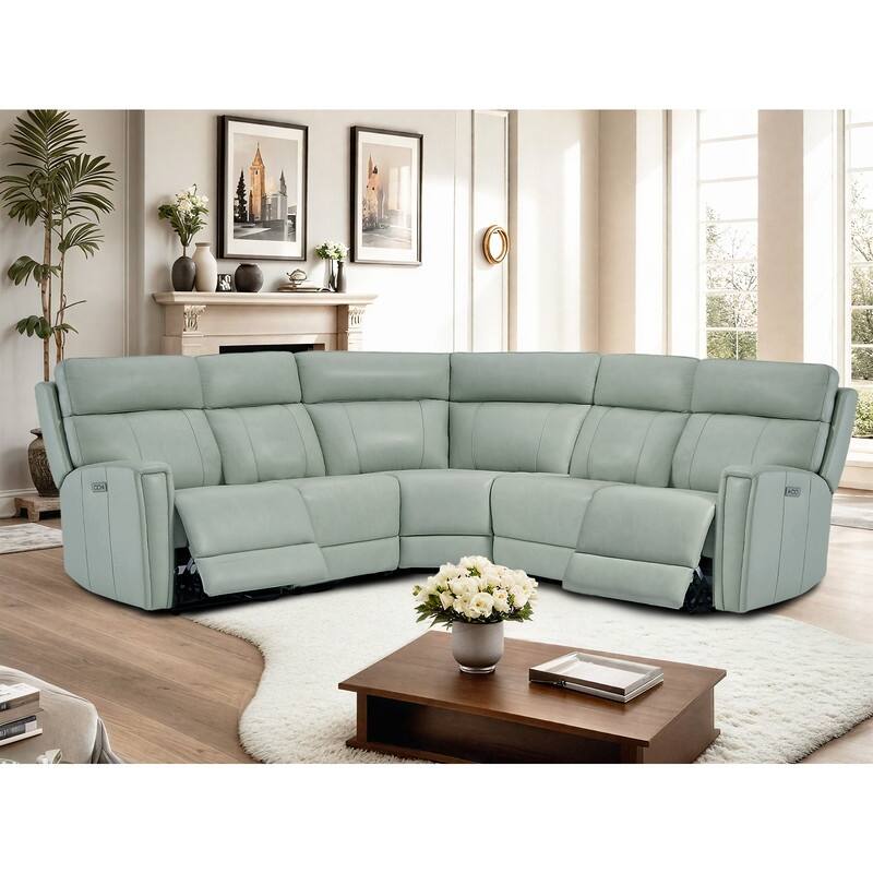 104" W 3-Color Genuine Leather Power Reclining sectional sofa With Zero Gravity, USB&USB-C Ports, 2 Stationary Armlesschairs - Green