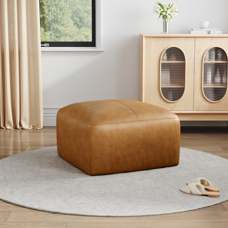 Upholstered Genuine Leather Ottoman for Living Room and Bedroom - Brown - 22"W