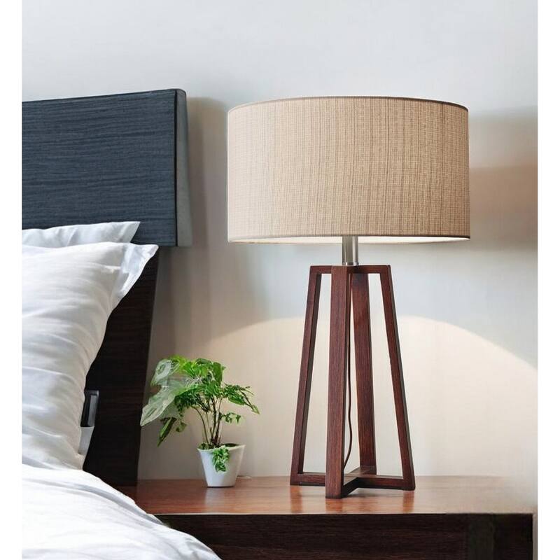 Modern Brown Solid Wood Table Lamp with Drum Linen Shade and E26 Socket Rotary Switch - 33" H x 8" W x 14" D