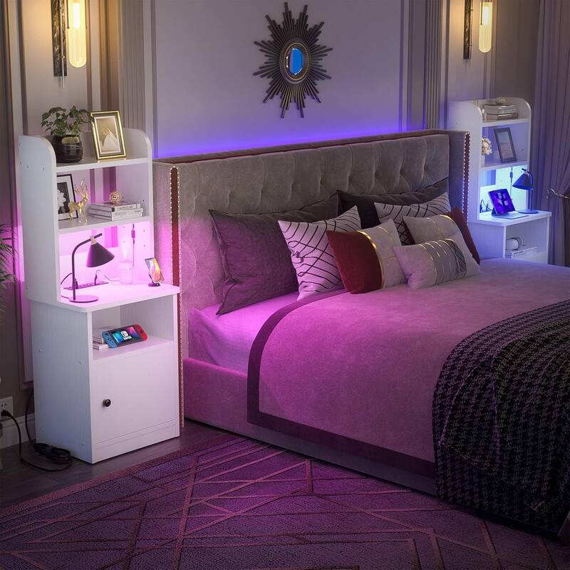 47" Nightstand with Charging Station and LED Lights,Industrial Bedside End Side Table with Adjustable Bookshelf Storage Cabinet