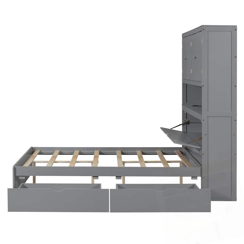 Full Size Wooden Platform Bed with USB and Drawers