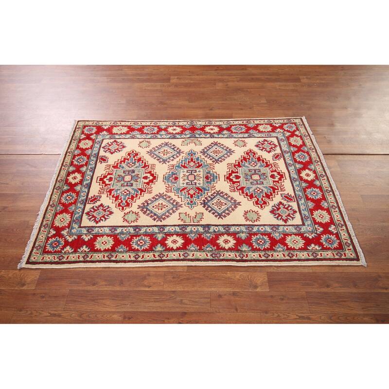 Ivory Geometric Kazak Oriental Accent Rug Handmade Wool Carpet - 3'3" x 5'0"