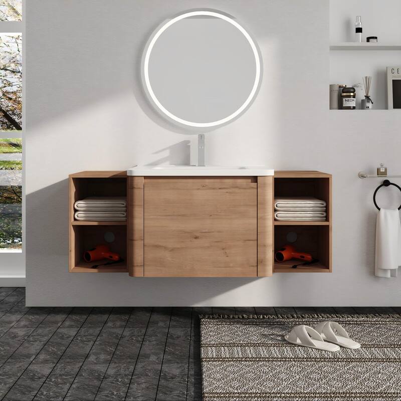 Malwee 28"/40"/52"/68" Floating Bathroom Vanity, Wall Mounted Bathroom Vanity with Ceramic Sink,Soft Close Door and Shelf - 51.6"×18.8"×20.0"