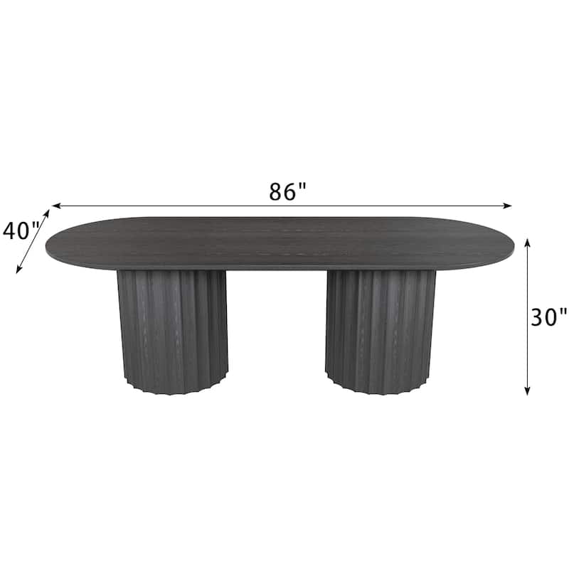 86" Modern Oval Dining Table Set with 8 Upholstered Chairs Black Textured Wood Top & Dual Cylindrical Pedestal Base