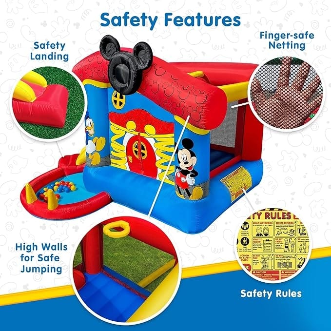 Disney Mickey Mouse Bounce House with Slide, Indoor Outdoor Inflatable Bouncy Castle Funhouse Ball Pit for Kids Ages 3-8