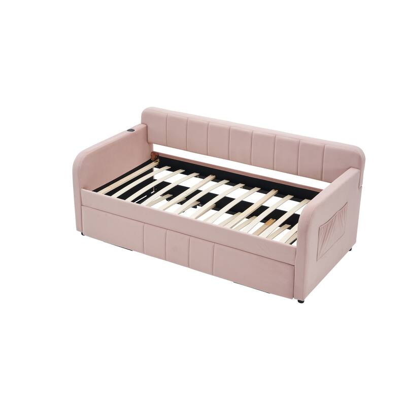 Twin Size Velvet Upholstered Daybed, Wood Sofa Bed Frame Daybed Couch with Trundle Bed and Wood Slat