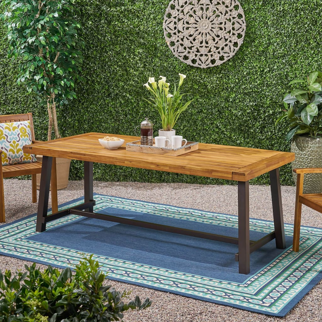 Roomfitters Modern Outdoor Dining Table with Wood Top and Black Powder-Coated Frame for Patio or Garden