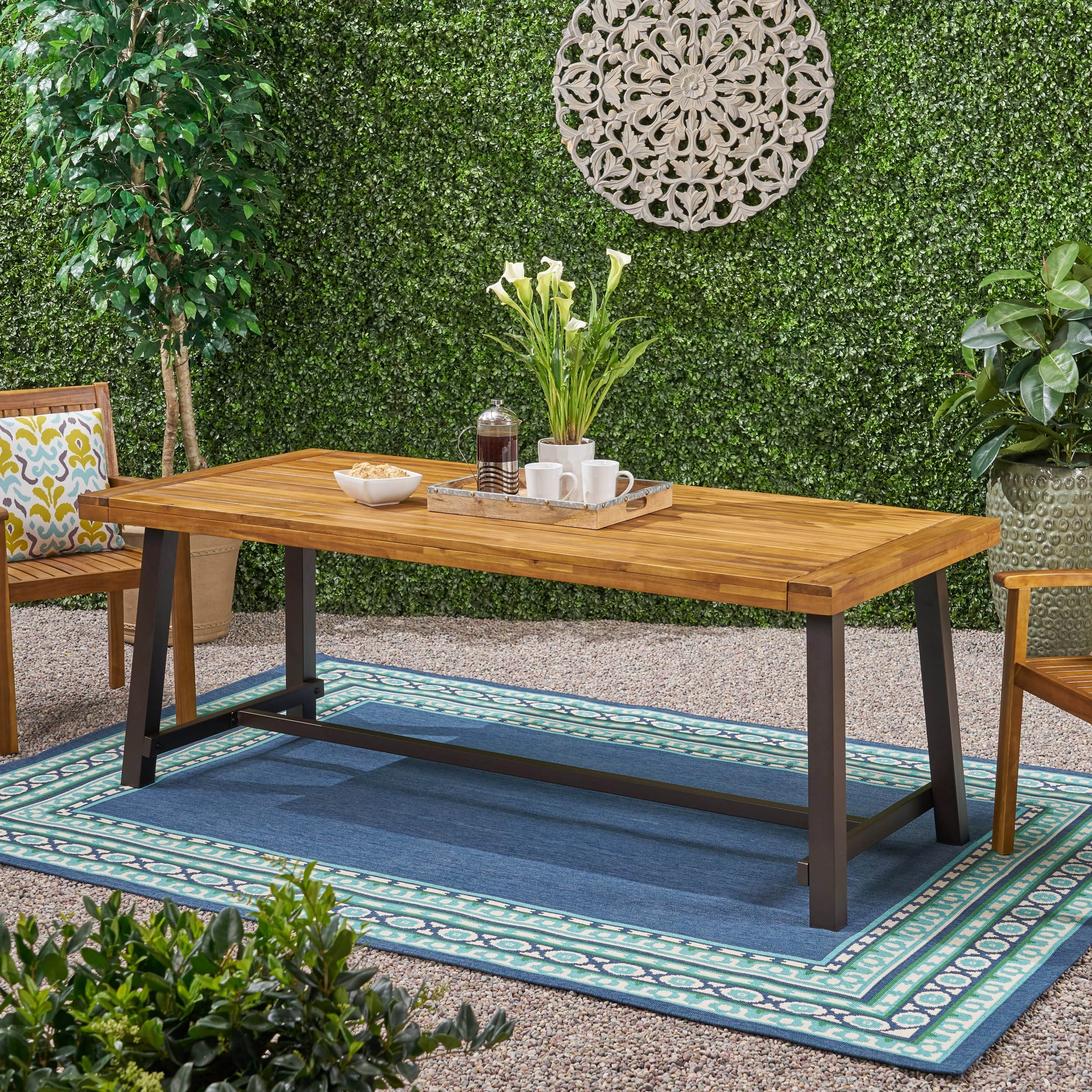 Teak Outdoor Dining Table for 8 Metal Frame Large Rectangular Patio