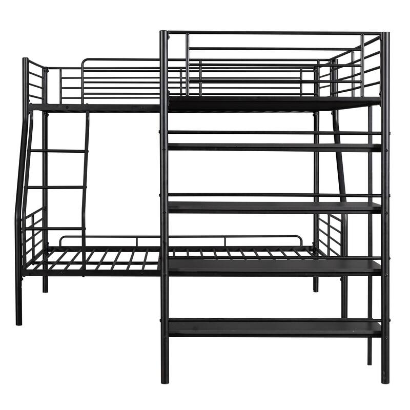 L-Shaped Metal Twin over Full Bunk Bed Built-in Shelves