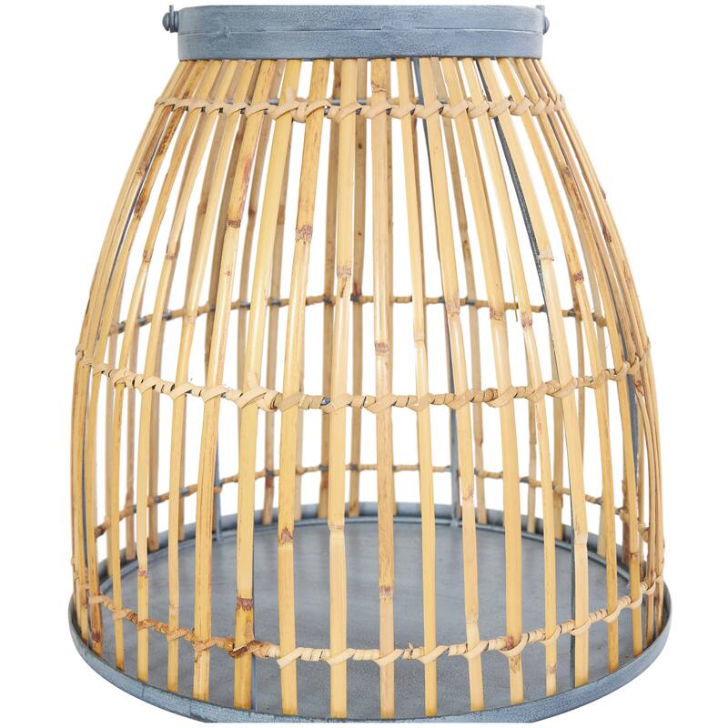 Brown Bamboo Wood Handmade Woven Open Framed Caged Style Indoor Outdoor Candle Lantern with Blue Metal Accents and Handle