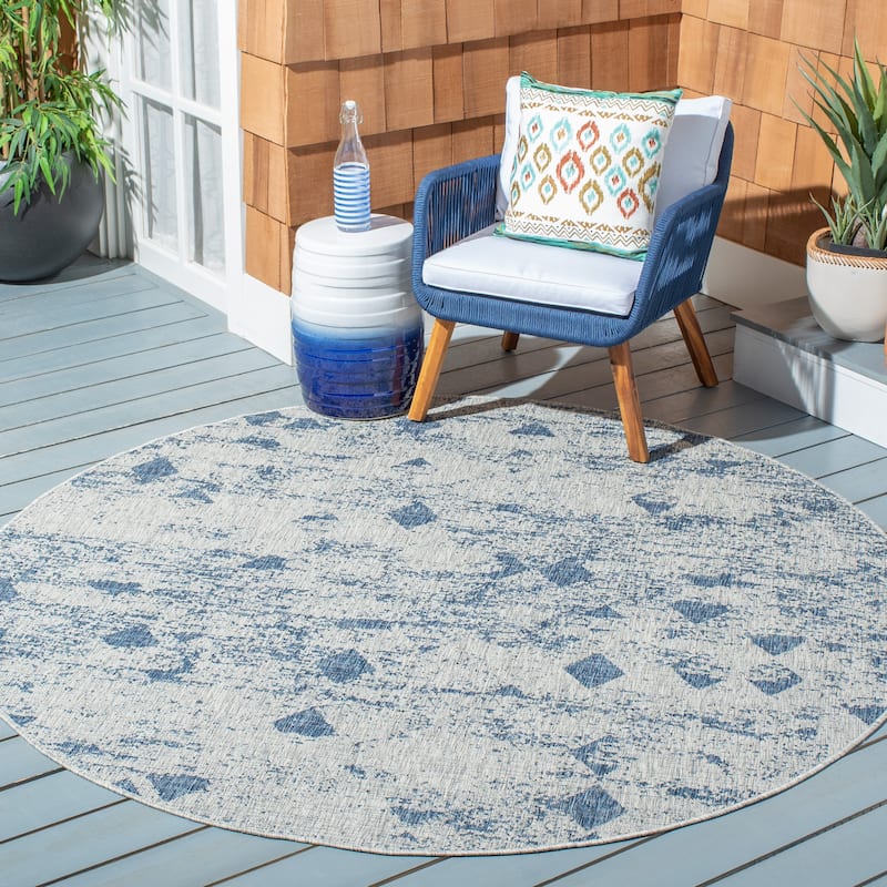 SAFAVIEH Courtyard Rucsanda Indoor/ Outdoor Waterproof Patio Backyard Rug - 6'7" Round - Grey/Navy