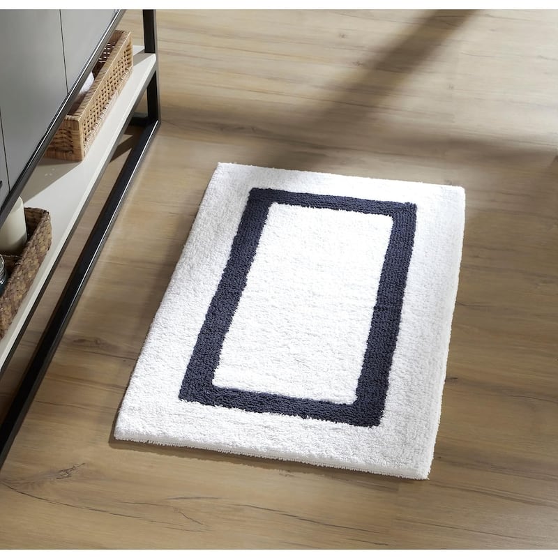 Better Trends Hotel Collection in Race Track 100% Cotton Super Absorbent Reversible Double Sided Machine Washable Bath Mat Rug - 21" x 34" Rectangle - White & Navy