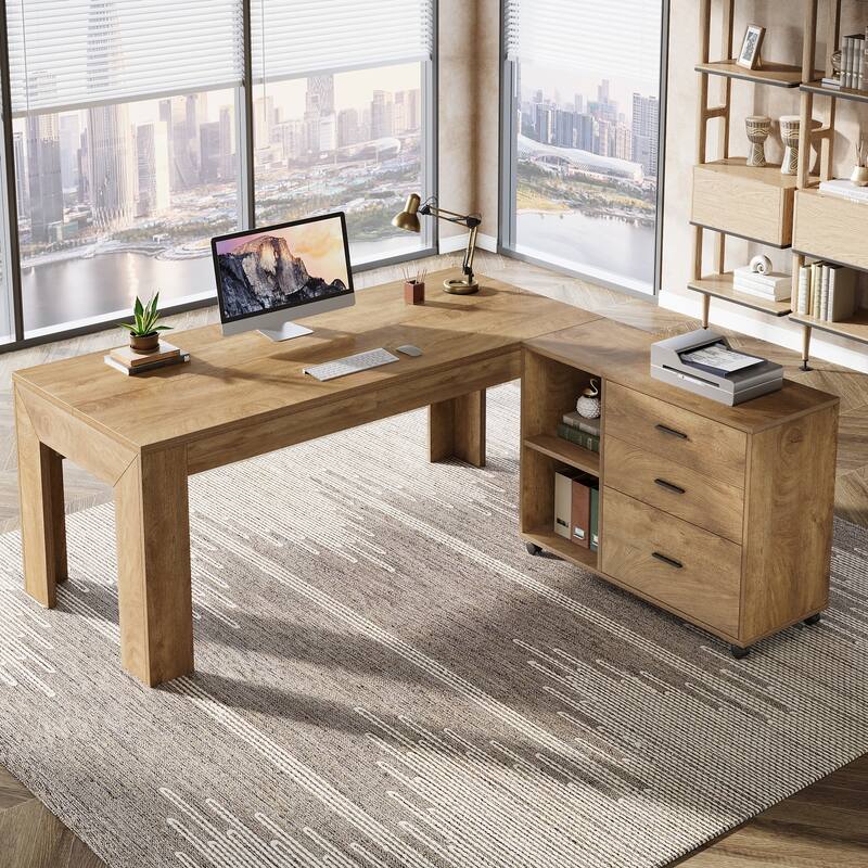 63" L Shaped Executive Office Desk with Mobile Lateral File Cabinet