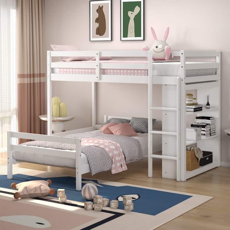 Costway Twin Over Twin Loft Bunk Bed Wood w/Bookcase Guardrail Ladder - 79.5'' x 44'' x 58.5''