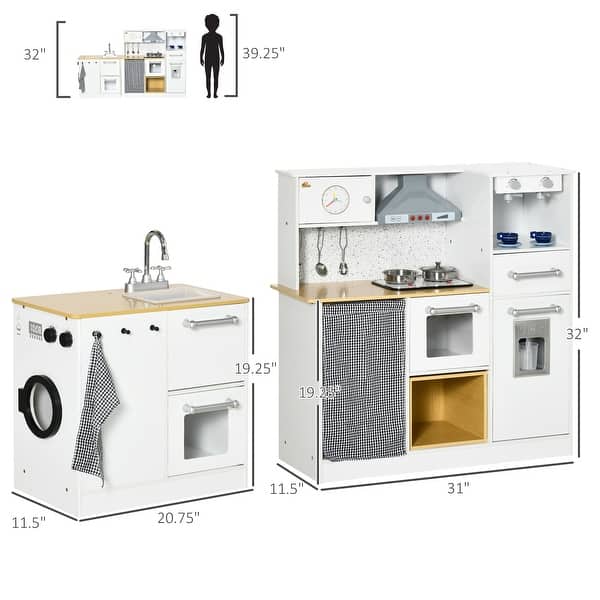 Qaba Kids Wooden Kitchen Playset with Sound Effects and Tons of Countertop Space, Wooden Corner Play Kitchen Set