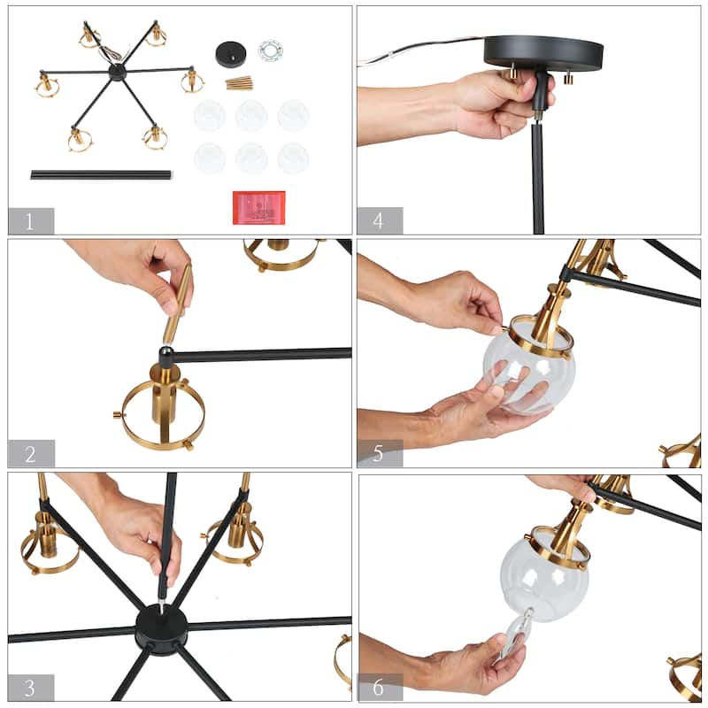 Beta Modern 6-Light Glass Wheel Chandelier Black Gold Pendant for Dining Living Room - 27.6"L x 4.9"W x 12.6"H