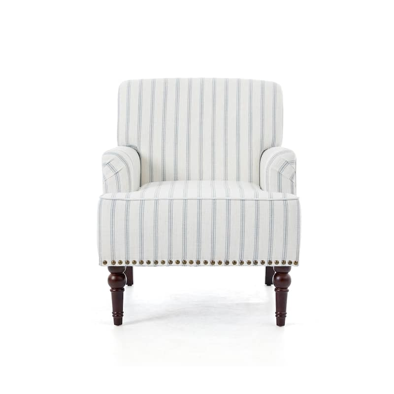 Set 2 Striped Upholstered Linen Armchair with Brass Nailhead Trim