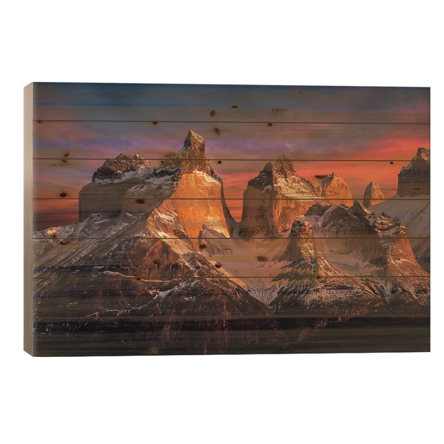 Chile Patagonia Torres Del Paine Stunning Mountain Sunset IV Print On Wood by Alex G Perez - Multi-Color